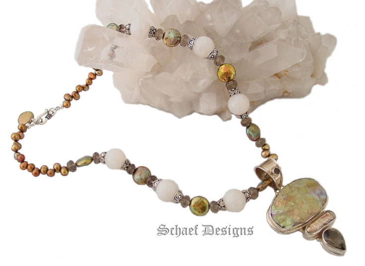 White Fire Agate, Pearl, & Smokey Topaz Necklace with MOP & Smokey Topaz Pendant